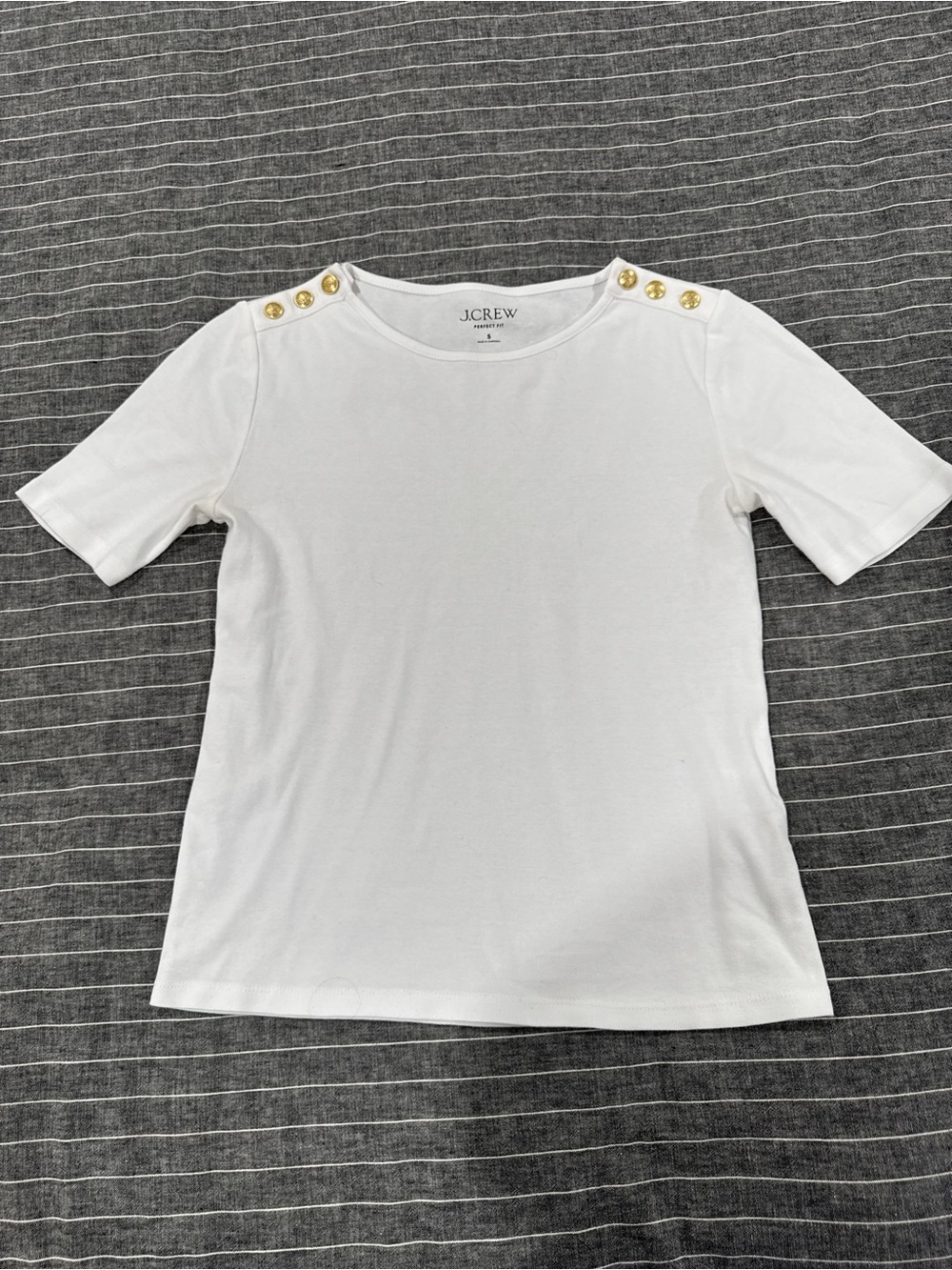 J. Crew White Short Sleeve Tee with Gold Shoulder Buttons